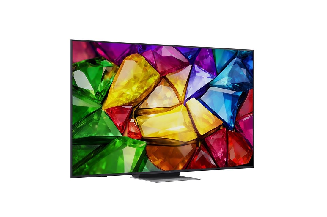 LG 75-tolline LG Mini RGB evo AI MRGB87 4K nuti TV 2026, LG Mini RGB evo AI MRGB85 eestvaade, mis ilmus 2026. aastal, kuvab peenikese musta raamiga ja lühikeste jalgadega teleri, mille ekraanil särab elav, kristalliselge pilt teravalt piiritletud mitmevärvi, 75MRGB87B3B, thumbnail 2
