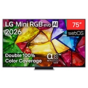 LG 75 tolline LG Mini RGB evo AI 4K nuti TV 2026, LG Mini RGB evo AI MRGB85 eestvaade, mis ilmus 2026. aastal, kuvab peenikese musta raamiga ja lühikeste jalgadega teleri, mille ekraanil särab elav, kristalliselge pilt teravalt piiritletud mitmevärvi, 75MRGB88B3B, thumbnail 1