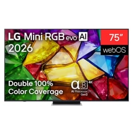 LG Mini RGB evo AI MRGB85 eestvaade, mis ilmus 2026. aastal, kuvab peenikese musta raamiga ja lühikeste jalgadega teleri, mille ekraanil särab elav, kristalliselge pilt teravalt piiritletud mitmevärvi2
