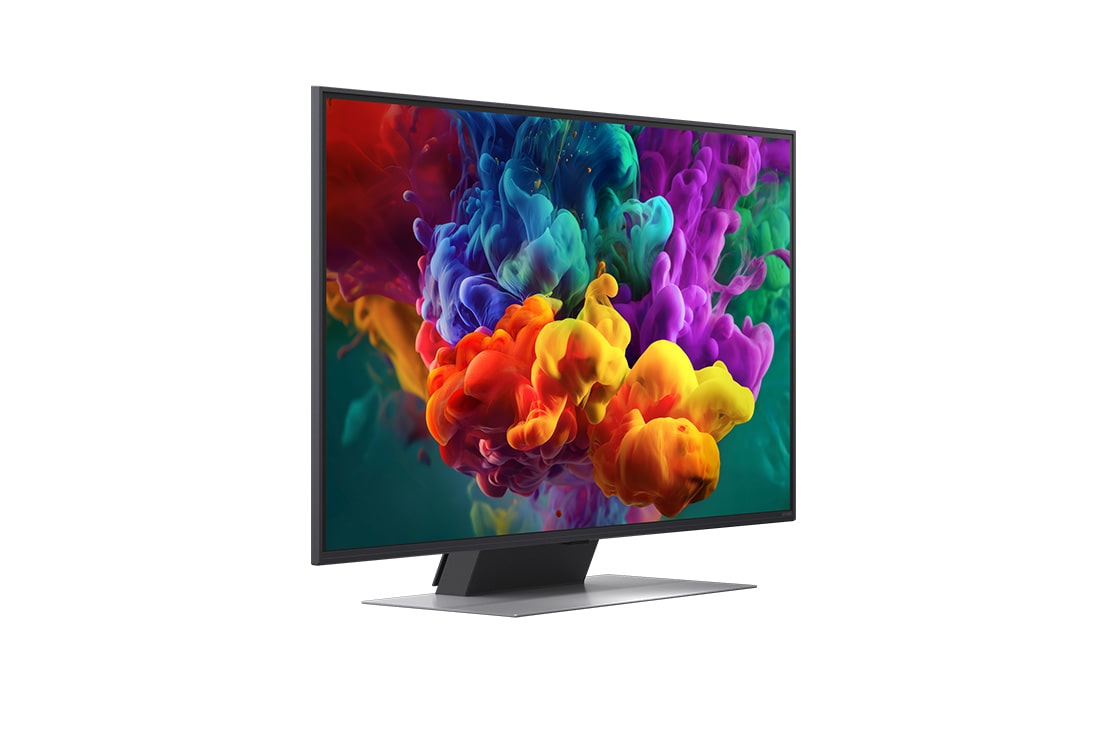LG 43-tolline LG QNED evo AI Mini-LED QNED86 4K nuti TV 2026, LG QNED evo AI QNED85 Mini LED , kujutatud ees- ja külgvaates, toob esile 100-tollise ekraani laiusega 2230 millimeetrit (mm), ekraani kõrgusega 1277 millimeetrit (mm), kõrgusega alusega 1374/1338 mil, 43QNED86B3B, thumbnail 3