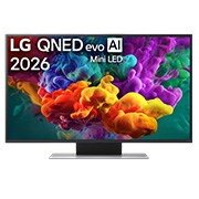 LG 43-tolline LG QNED evo AI Mini-LED QNED86 4K nuti TV 2026, LG QNED evo AI QNED85 Mini LED eestvaade, mis ilmus 2026. aastal, täidab ekraani erksate, voolavate mitmevärviliste, maalilaadsete liikumispursetega, kus tihedad värvipilved sulanduvad sujuvalt üle ek, 43QNED86B3B, thumbnail 1