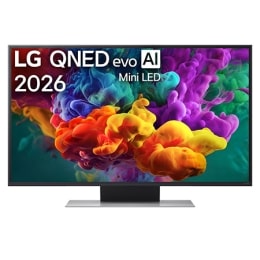 LG QNED evo AI QNED85 Mini LED eestvaade, mis ilmus 2026. aastal, täidab ekraani erksate, voolavate mitmevärviliste, maalilaadsete liikumispursetega, kus tihedad värvipilved sulanduvad sujuvalt üle ek2