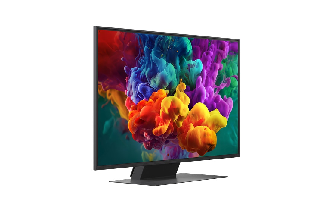 LG 43-tolline LG QNED evo AI Mini-LED QNED87 4K nuti TV 2026, LG QNED evo AI QNED85 Mini LED , kujutatud ees- ja külgvaates, toob esile 100-tollise ekraani laiusega 2230 millimeetrit (mm), ekraani kõrgusega 1277 millimeetrit (mm), kõrgusega alusega 1374/1338 mil, 43QNED87B3A, thumbnail 3