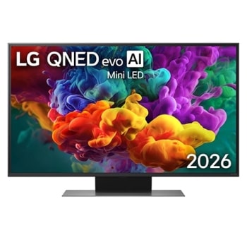 LG QNED evo AI QNED85 Mini LED eestvaade, mis ilmus 2026. aastal, täidab ekraani erksate, voolavate mitmevärviliste, maalilaadsete liikumispursetega, kus tihedad värvipilved sulanduvad sujuvalt üle ek