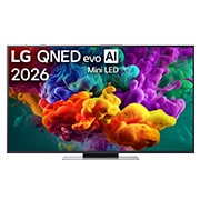 LG 55-tolline LG QNED evo AI Mini-LED QNED86 4K nuti TV 2026, LG QNED evo AI QNED85 Mini LED eestvaade, mis ilmus 2026. aastal, täidab ekraani erksate, voolavate mitmevärviliste, maalilaadsete liikumispursetega, kus tihedad värvipilved sulanduvad sujuvalt üle ek, 55QNED86B3B, thumbnail 1