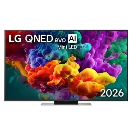 LG QNED evo AI QNED85 Mini LED eestvaade, mis ilmus 2026. aastal, täidab ekraani erksate, voolavate mitmevärviliste, maalilaadsete liikumispursetega, kus tihedad värvipilved sulanduvad sujuvalt üle ek
