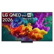 LG 65-tolline LG QNED evo AI Mini-LED QNED86 4K nuti TV 2026, LG QNED evo AI QNED85 Mini LED eestvaade, mis ilmus 2026. aastal, täidab ekraani erksate, voolavate mitmevärviliste, maalilaadsete liikumispursetega, kus tihedad värvipilved sulanduvad sujuvalt üle ek, 65QNED86B3B, thumbnail 1