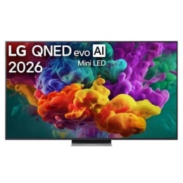 LG QNED evo AI QNED85 Mini LED eestvaade, mis ilmus 2026. aastal, täidab ekraani erksate, voolavate mitmevärviliste, maalilaadsete liikumispursetega, kus tihedad värvipilved sulanduvad sujuvalt üle ek2
