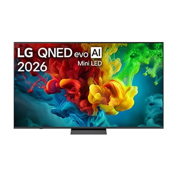 LG QNED evo AI QNED82 Mini LED eestvaade, mis ilmus 2026. aastal, täidab ekraani erksate, voolavate mitmevärviliste, maalilaadsete liikumispursetega, kus tihedad värvipilved sulanduvad sujuvalt üle ek1