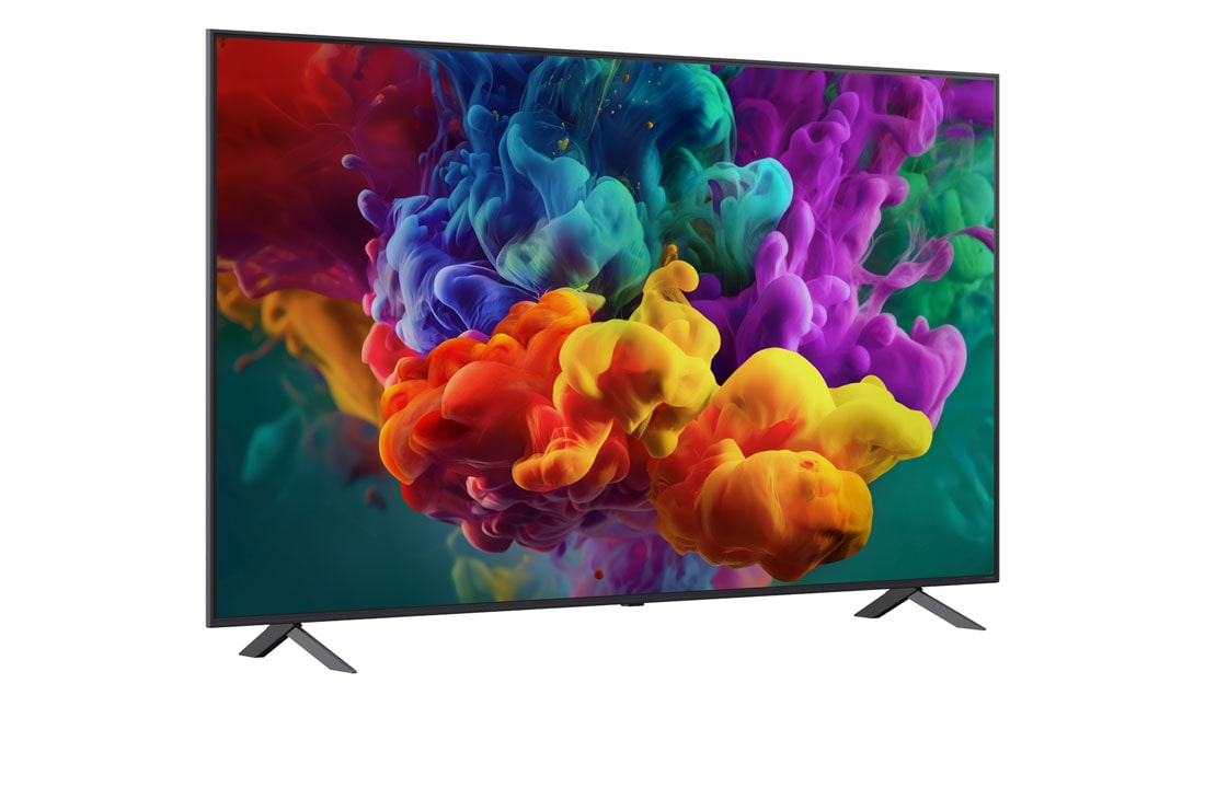 LG 75-tolline LG QNED evo AI Mini-LED QNED85 4K nuti TV 2026, LG QNED evo AI QNED85 Mini LED eestvaade, mis ilmus 2026. aastal, kuvab ekraanil erksaid, voolavaid tiheda värvipilve purseid, tuues esile Dynamic QNED Color Pro, Mini LED, alpha 8 AI Processor 4K Gen, 75QNED85B3B, thumbnail 2