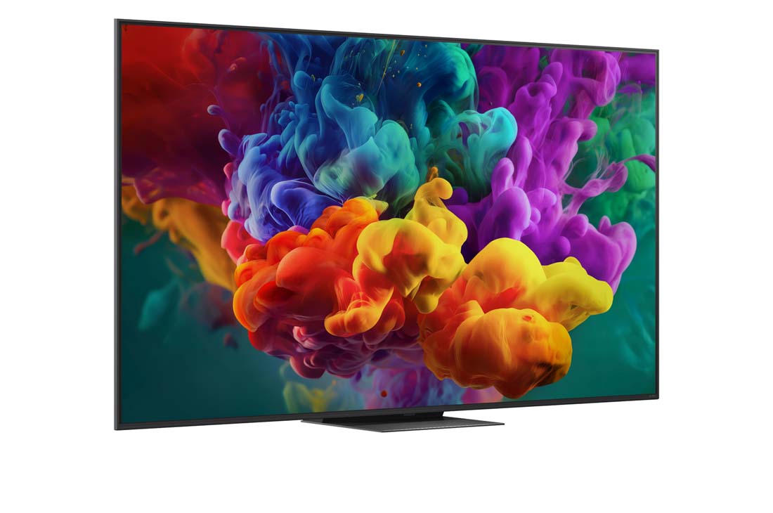 LG 75-tolline LG QNED evo AI Mini-LED QNED87 4K nuti TV 2026, LG QNED evo AI QNED85 Mini LED eestvaade, mis ilmus 2026. aastal, kuvab ekraanil erksaid, voolavaid tiheda värvipilve purseid, tuues esile Dynamic QNED Color Pro, Mini LED, alpha 8 AI Processor 4K Gen, 75QNED87B3A, thumbnail 2