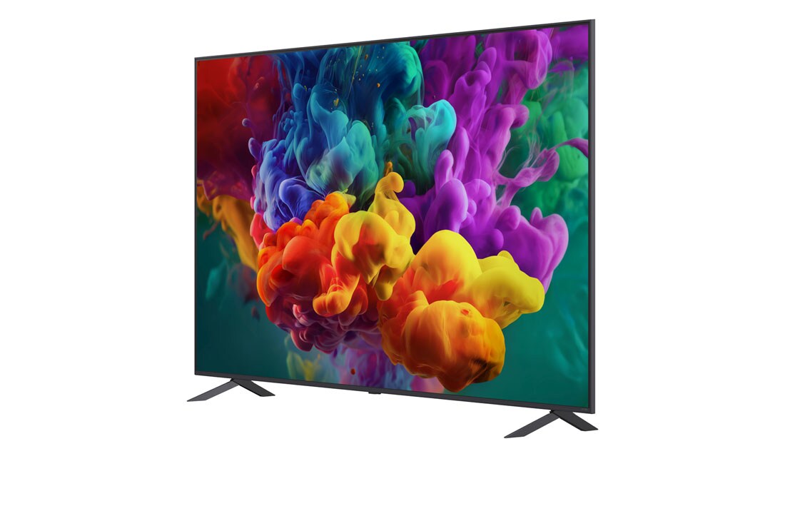 LG 86-tolline LG QNED evo AI Mini-LED QNED85 4K nuti TV 2026, LG QNED evo AI QNED85 Mini LED , kujutatud ees- ja külgvaates, toob esile 100-tollise ekraani laiusega 2230 millimeetrit (mm), ekraani kõrgusega 1277 millimeetrit (mm), kõrgusega alusega 1374/1338 mil, 86QNED85B3B, thumbnail 3