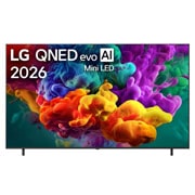 LG 86-tolline LG QNED evo AI Mini-LED QNED85 4K nuti TV 2026, LG QNED evo AI QNED85 Mini LED eestvaade, mis ilmus 2026. aastal, täidab ekraani erksate, voolavate mitmevärviliste, maalilaadsete liikumispursetega, kus tihedad värvipilved sulanduvad sujuvalt üle ek, 86QNED85B3B, thumbnail 1