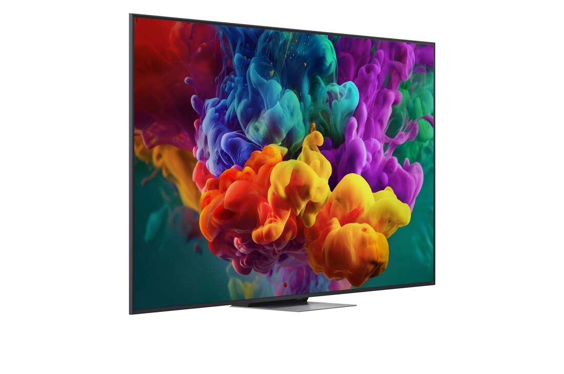 LG 86-tolline LG QNED evo AI Mini-LED QNED86 4K nuti TV 2026, LG QNED evo AI QNED85 Mini LED , kujutatud ees- ja külgvaates, toob esile 100-tollise ekraani laiusega 2230 millimeetrit (mm), ekraani kõrgusega 1277 millimeetrit (mm), kõrgusega alusega 1374/1338 mil, 86QNED86B3B, thumbnail 3