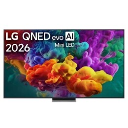LG QNED evo AI QNED85 Mini LED eestvaade, mis ilmus 2026. aastal, täidab ekraani erksate, voolavate mitmevärviliste, maalilaadsete liikumispursetega, kus tihedad värvipilved sulanduvad sujuvalt üle ek