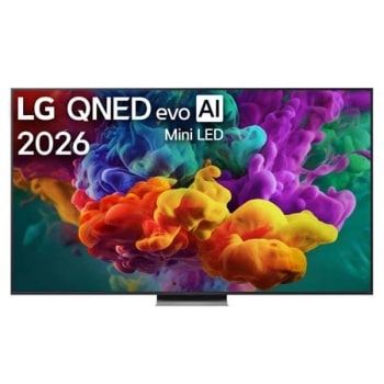 LG QNED evo AI QNED85 Mini LED eestvaade, mis ilmus 2026. aastal, täidab ekraani erksate, voolavate mitmevärviliste, maalilaadsete liikumispursetega, kus tihedad värvipilved sulanduvad sujuvalt üle ek