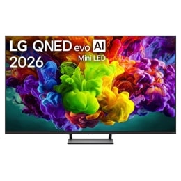 LG QNED evo AI Mini LED QNED90 eestvaade, mis ilmus 2026. aastal, täidab ekraani erksate, voolavate mitmevärviliste, maalilaadsete liikumispursetega, kus tihedad värvipilved sulanduvad sujuvalt üle ek2