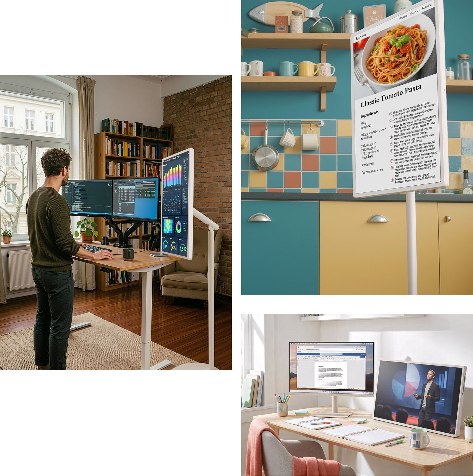 LG StanbyME 2 Max LX6 teisaldatavat ekraani koos kaasaskantava disainiga on kujutatud kolmes stsenaariumis, sealhulgas vertikaalne kahe monitori paigutus, köögiretseptijuhend ja videoekraan, mis illustreerivad paindlikku kasutamist nii tööl kui ka köögis.