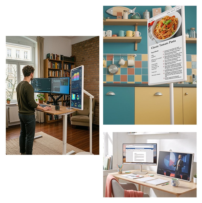 LG StanbyME 2 Max LX6 teisaldatavat ekraani koos kaasaskantava disainiga on kujutatud kolmes stsenaariumis, sealhulgas vertikaalne kahe monitori paigutus, köögiretseptijuhend ja videoekraan, mis illustreerivad paindlikku kasutamist nii tööl kui ka köögis.
