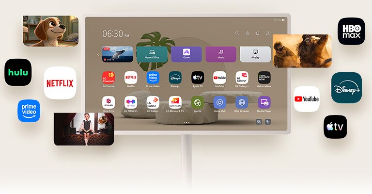 LG StanbyME 2 Max LX6 teisaldatav ekraan koos erinevate OTT-teenustega kuvab ekraanil ja selle ümber voogedastusrakenduste liideseid, nagu Netflix ja YouTube, pakkudes juurdepääsu mitmekesisele sisule, sealhulgas draamadele, filmidele ja muusikale.