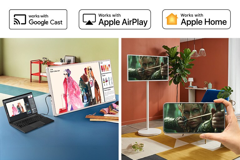 LG StanbyME 2 Max LX6 teisaldatav ekraan peegeldamise ja ühenduvusega kuvab HDMI kaudu sülearvutist koosolekumaterjale ja peegeldab filmistseene, ülaltoodud Google Casti, Apple AirPlay ja Apple Home'i logodega.