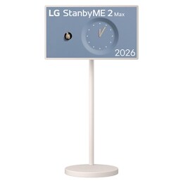 LG StanbyME 2 Max LX6 teisaldatav ekraan eemaldatava ja ülimalt kaasaskantava disainiga on näidatud alusel, millel on kella liides, mis rõhutab mitmekülgset paigutust ja sujuvat integratsiooni sisekuj2