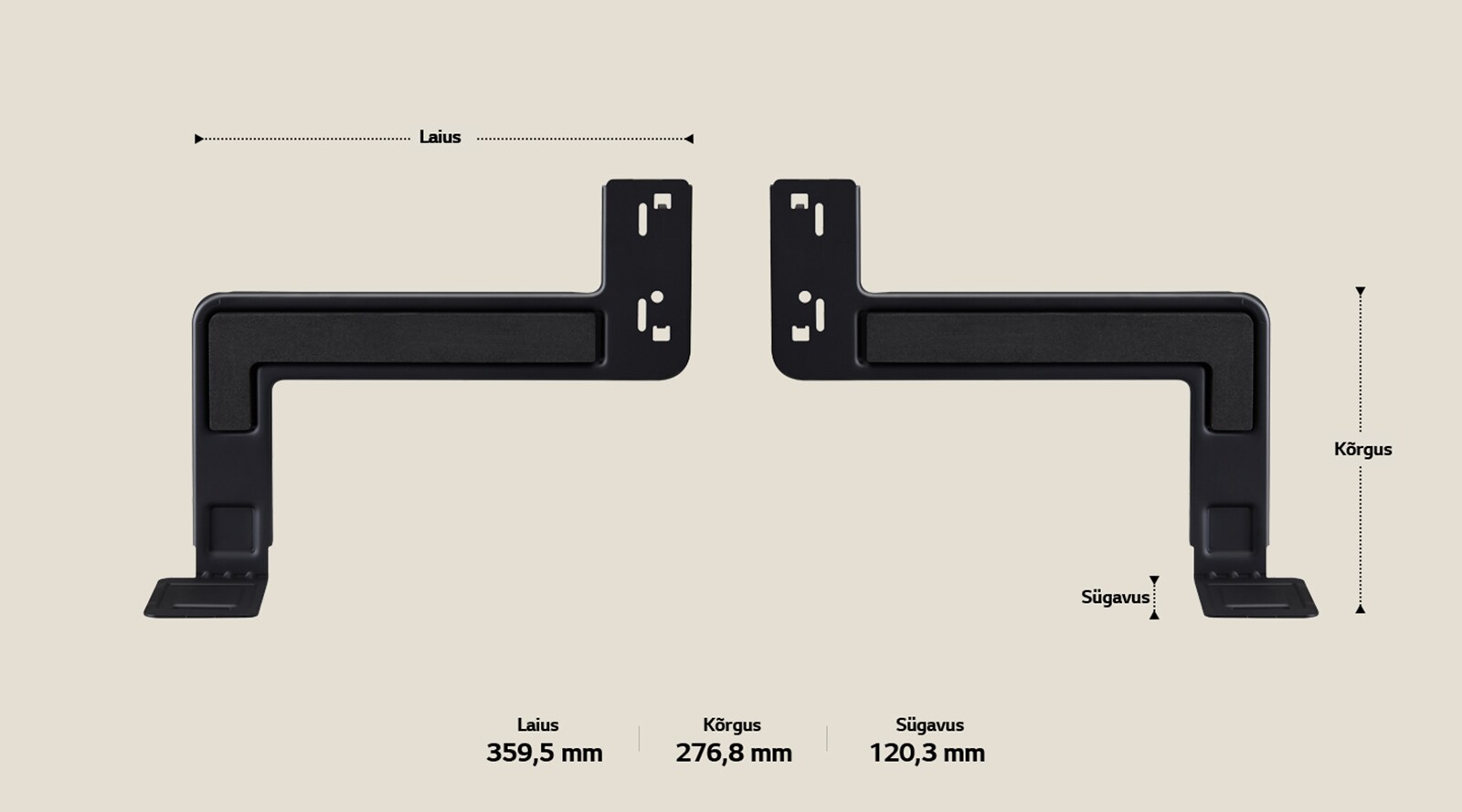 WOW Bracket kronsteini kaks komponenti asuvad pikisuunas beežil taustal. Laius, kõrgus ja sügavus on märgistatud ja näidatud nooltega. Allosas on järgmised andmed: Laius 359,5 mm, kõrgus 276,8 mm, sügavus 120,3 mm.