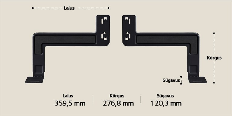 WOW Bracket kronsteini kaks komponenti asuvad pikisuunas beežil taustal. Laius, kõrgus ja sügavus on märgistatud ja näidatud nooltega. Allosas on järgmised andmed: Laius 359,5 mm, kõrgus 276,8 mm, sügavus 120,3 mm.