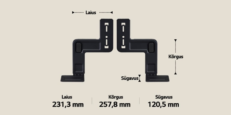 WOW Bracket kronsteini kaks komponenti asuvad beežil taustal. Laius, kõrgus ja sügavus on märgistatud ja näidatud nooltega. Allosas on järgmised andmed: Laius 231,3 mm, kõrgus 257,8 mm, sügavus 120,5 mm.