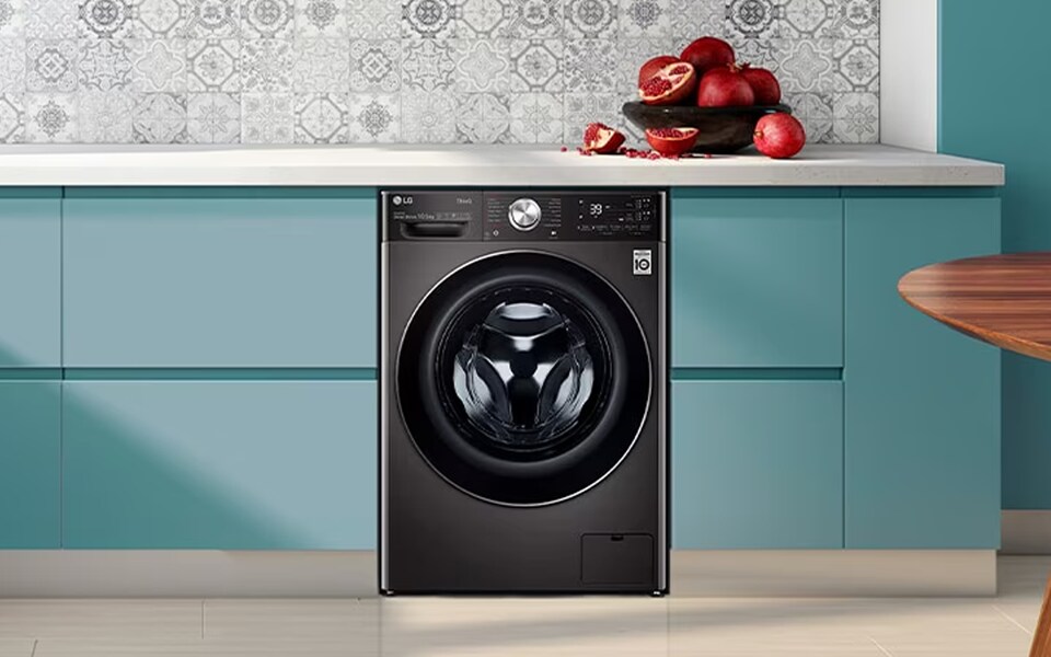 LG washing machine installed in the kitchen