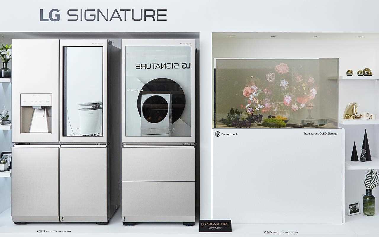 The LG SIGNATURE Refrigerator sits alongside the LG transparent signage, on show at Milan Design Week | More at LG MAGAZINE