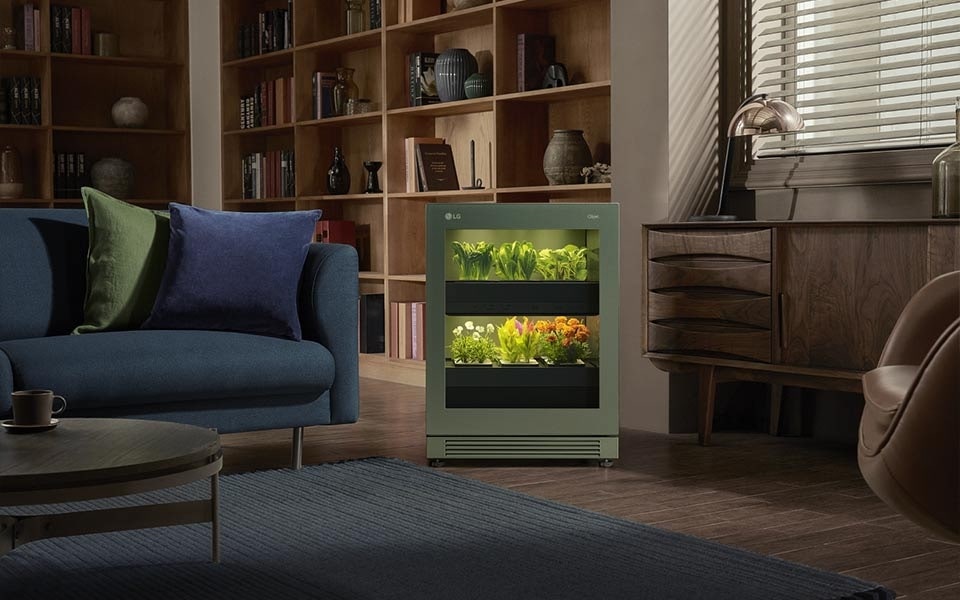 An LG Tiiun smart indoor garden in a modern living room