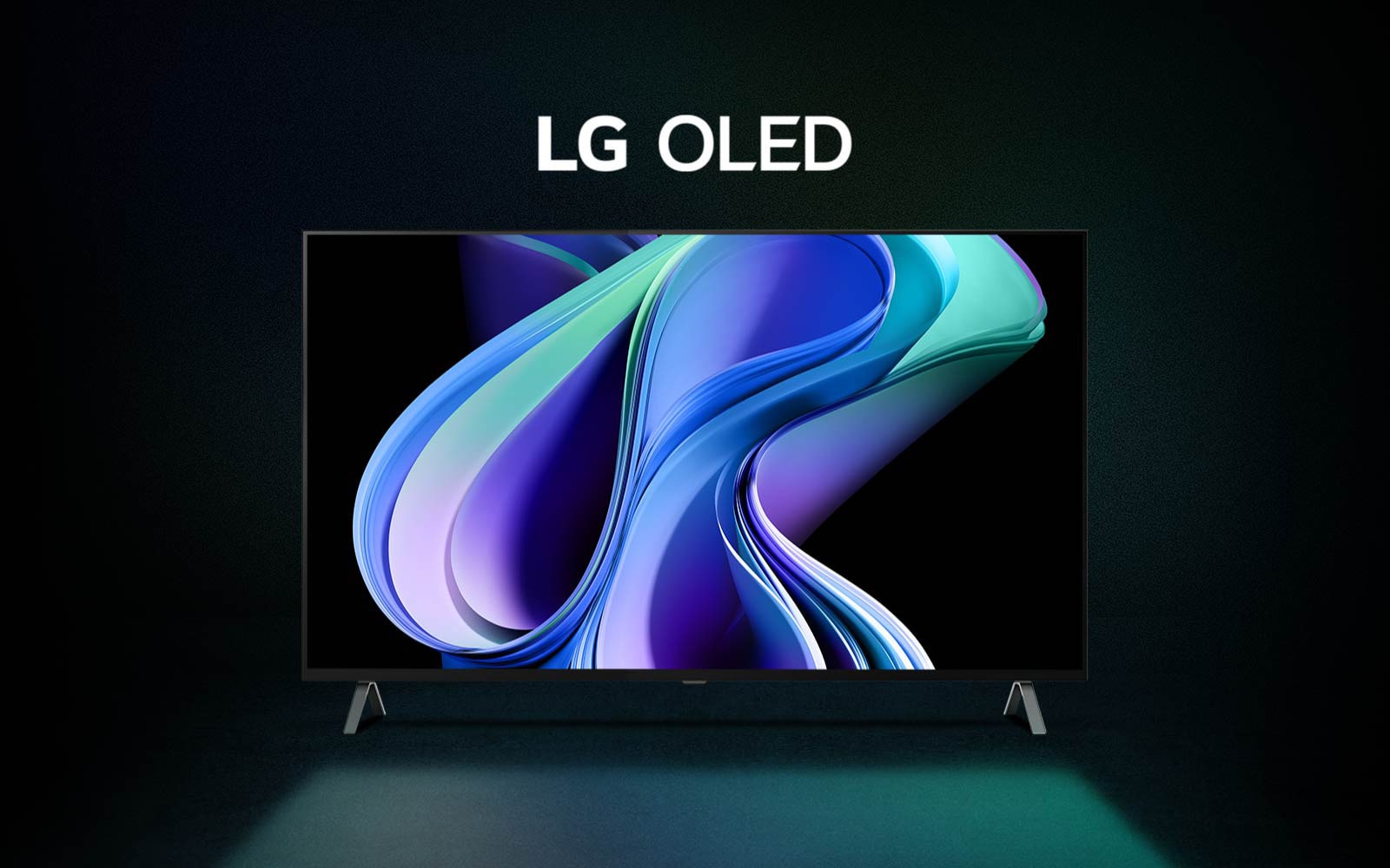 فيديو لتلفزيون LG OLED A3 يظهر أمام خلفية متدرجة بالأسود والأزرق والأخضر مع عمل فني تجريدي بألوان مشابهة على الشاشة. يتم تكبير الصورة، وتظهر الكلمات LG OLED باللون الأبيض.