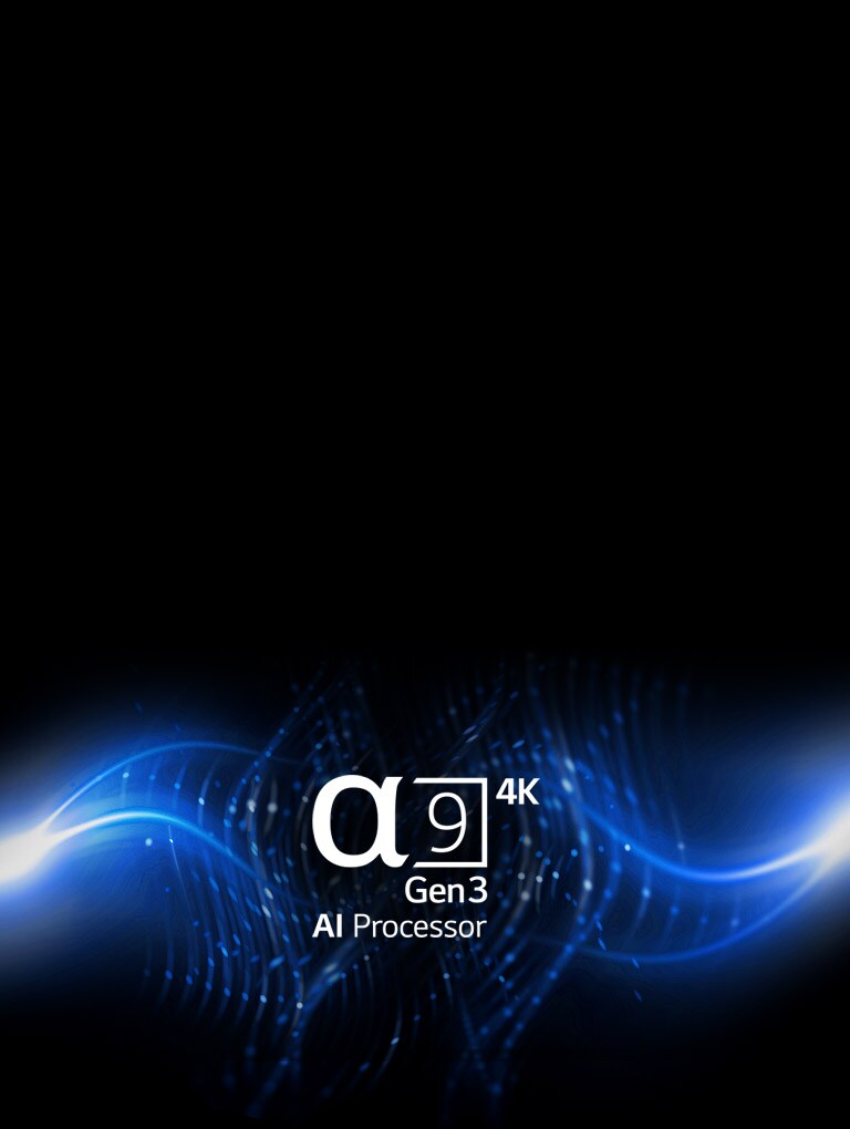 شعار معالج alpha 9 من الجيل الثالث مطبوع على خلفية رسومية سوداء وزرقاء