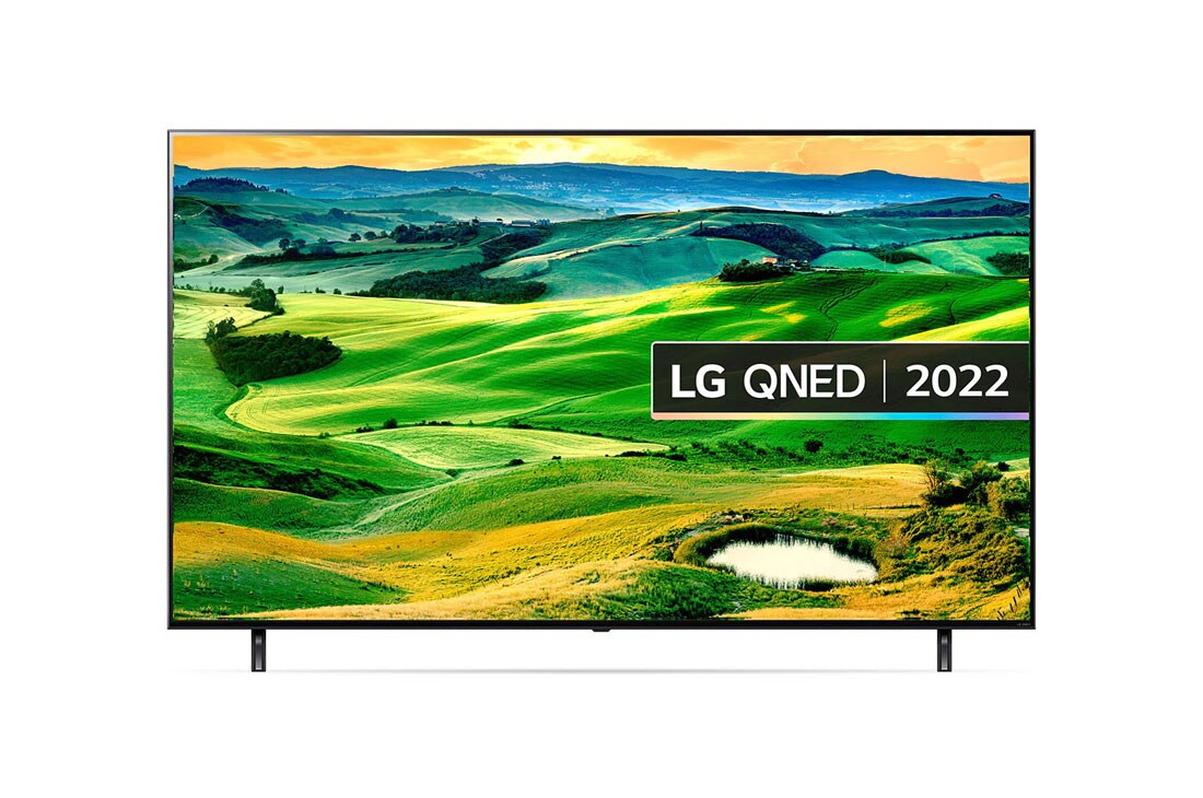 LG تلفزيون LED بتقنية ألوان Quantum Dot NanoCell Color  بدقة 4K الحقيقية من إل جي مقاس 75 بوصة من السلسلة QNED80، مع HDR (النطاق الديناميكي العالي) السينمائي 4K لتصميمات شاشة السينما والمزوّد بإمكانية الإعتام المحلي بتقنية AI ThinQ للتلفزيون الذكي بنظام التشغيل WebOS , مظهر أمامي لتلفزيون QNED من إل جي مع صورة ملء الفراغات وشعار المنتج, 75QNED806QA