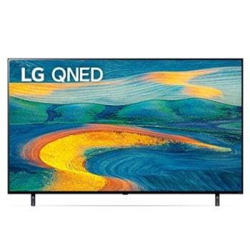 منظر أمامي لجهاز تلفزيون QNED من LG مع صورة معروضة على الشاشة وشعار المنتج1