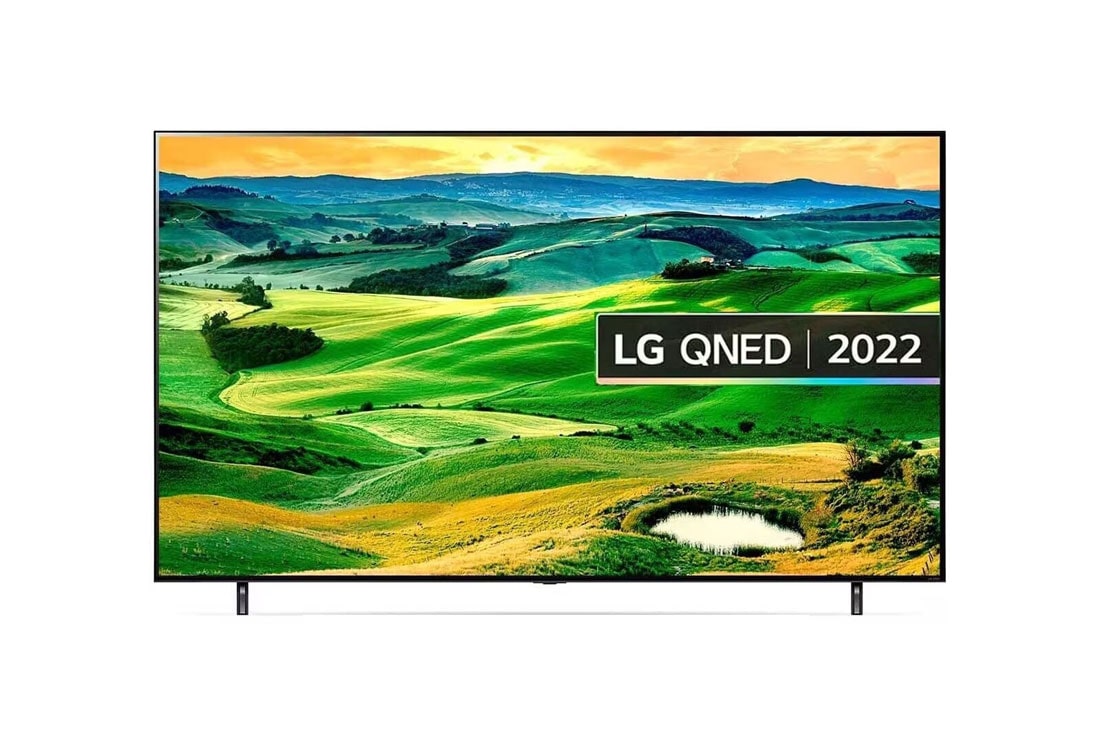 LG تلفزيون LED بتقنية ألوان Quantum Dot NanoCell Color بدقة 4K الحقيقية من إل جي مقاس 86 بوصة من السلسلة QNED80، مع HDR (النطاق الديناميكي العالي) السينمائي 4K لتصميمات شاشة السينما والمزوّد بإمكانية الإعتام المحلي بتقنية AI ThinQ للتلفزيون الذكي بنظام التشغيل WebOS, مظهر أمامي لتلفزيون QNED من إل جي مع صورة ملء الفراغات وشعار المنتج, 86QNED806QA