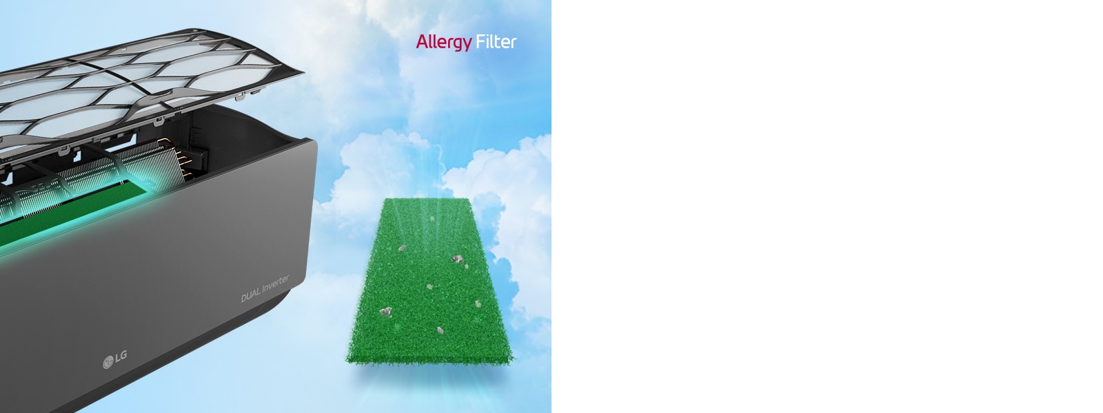 The side angle of the air conditioner is shown with the filters floating above to show the allergy filter installed inside. Beside the machine is the entire green allergy filter with dust mites caught in it. The Allergy Filter logo is in the upper right corner.
