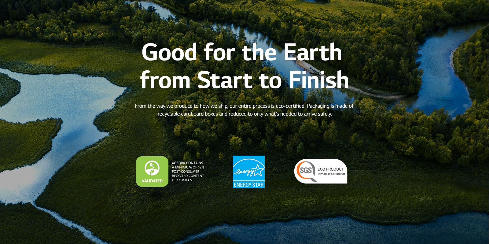 There's a forest and a river in the image. On the bottom of the image it shows UL, energy star and SGS logos.