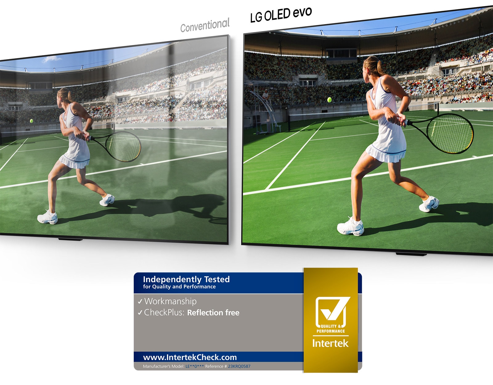 On the left, a conventional TV showing a tennis player in a stadium with room reflection on the screen. On the right, LG OLED evo M4 showing the same image of a tennis player in a stadium with no room reflection, and the image looks brighter and more colorful.
