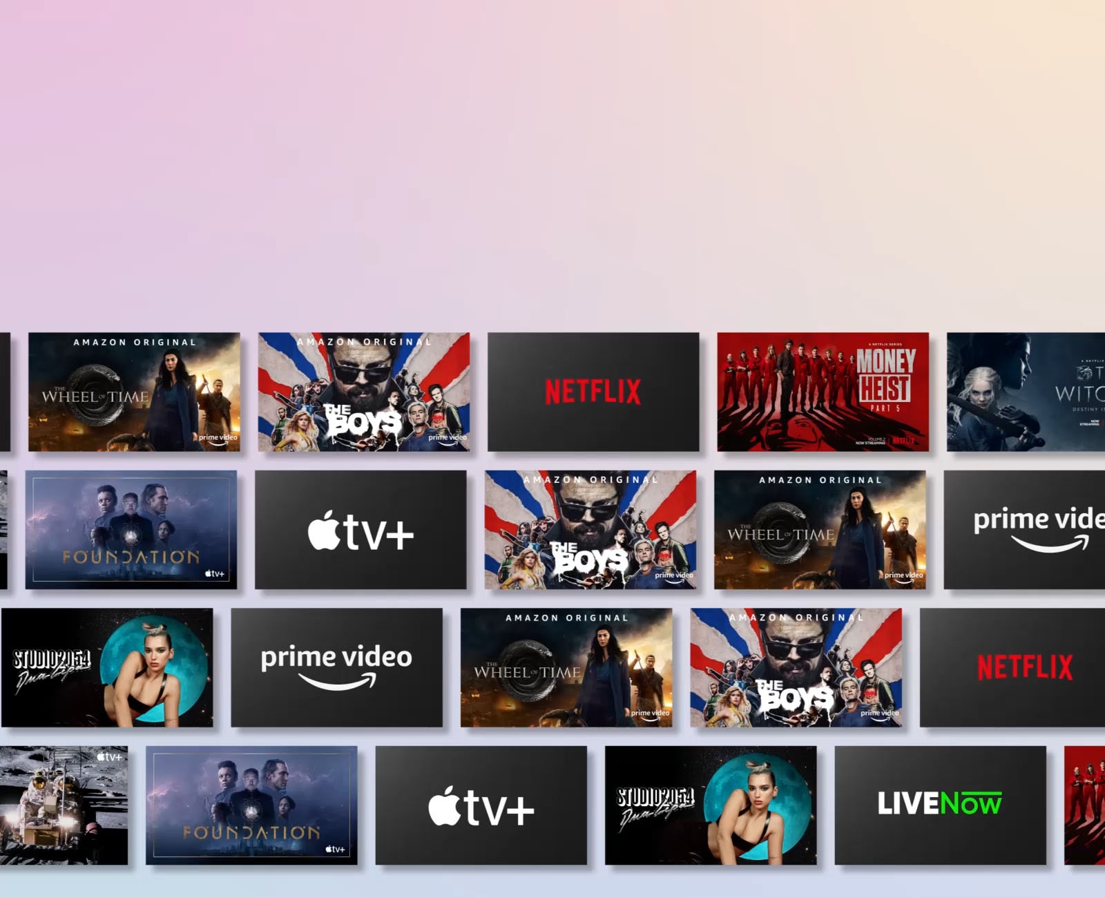 Rows of OTT content side-scrolls while displaying the OTT provider logo and the thumbnails of content offered.