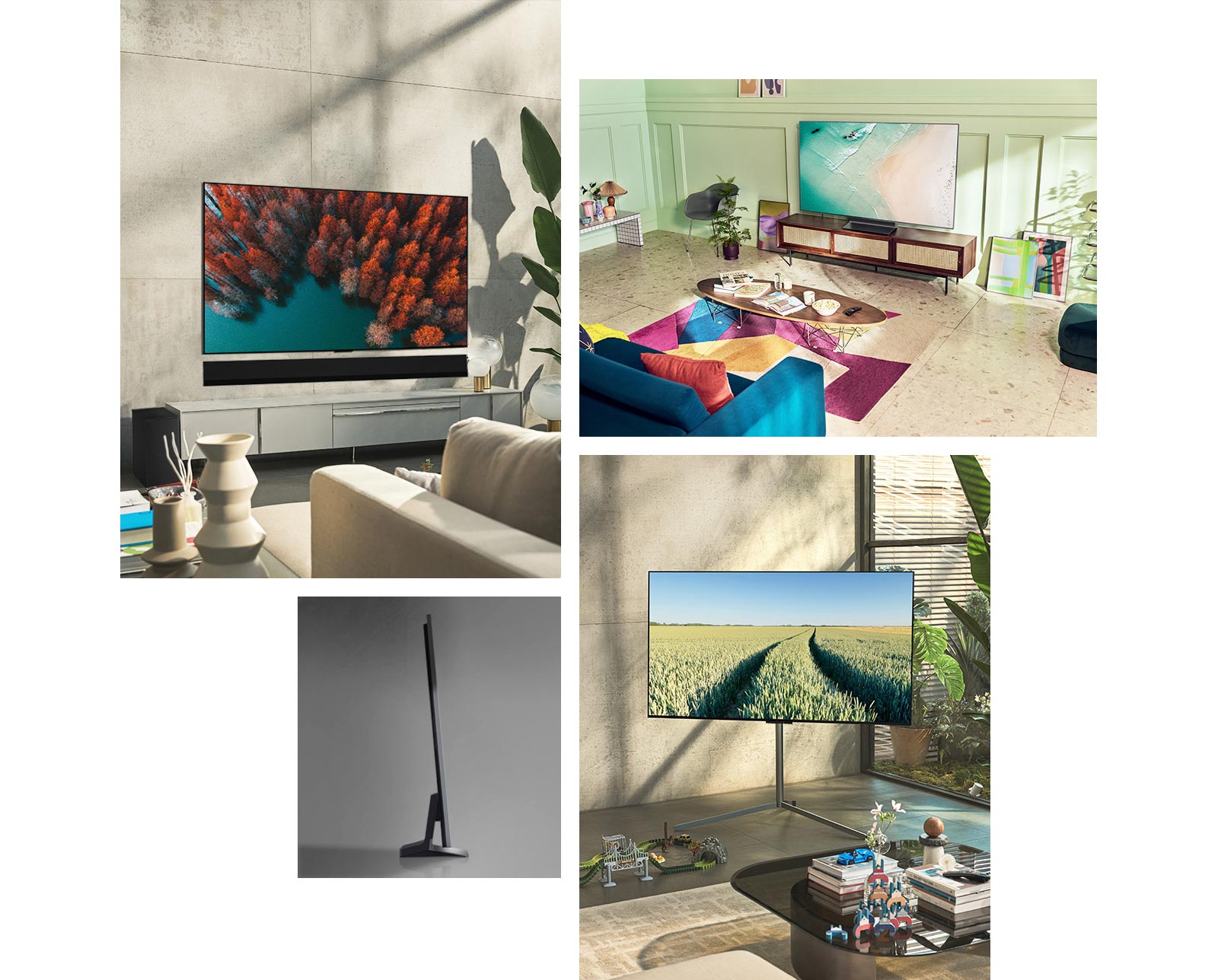 "An LG OLED G2 is hung on the wall in a neutral-colored living room with plants and rustic ornaments. An LG OLED G2 sits on a TV stand in a mint green room with colorful art and furnishings. An LG OLED G2 with Gallery Stand is in the corner of a room in a family home. A side view of the ultra-slim edge of LG OLED G2."