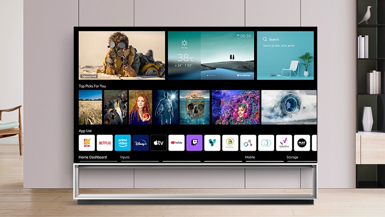 A TV screen displaying newly designed home screen with personalized contents and channels