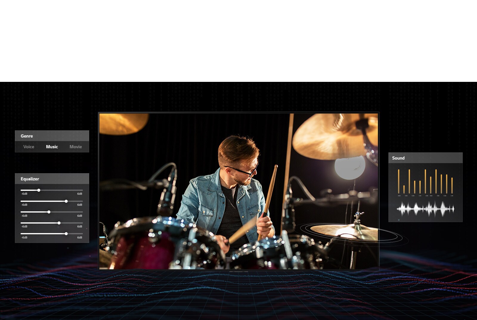 A man in glasses playing drums with music dashboard graphics on both sides