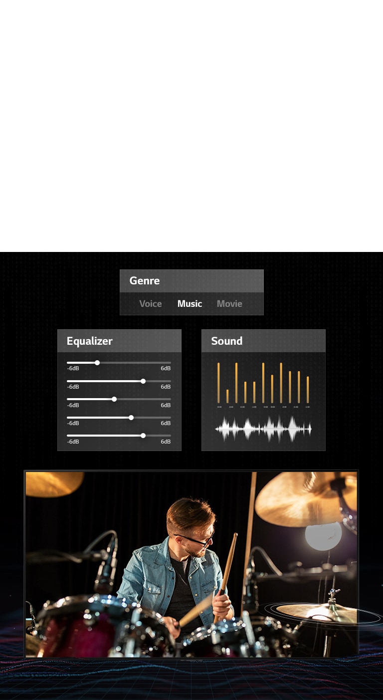 A man in glasses playing drums with music dashboard graphics on both sides