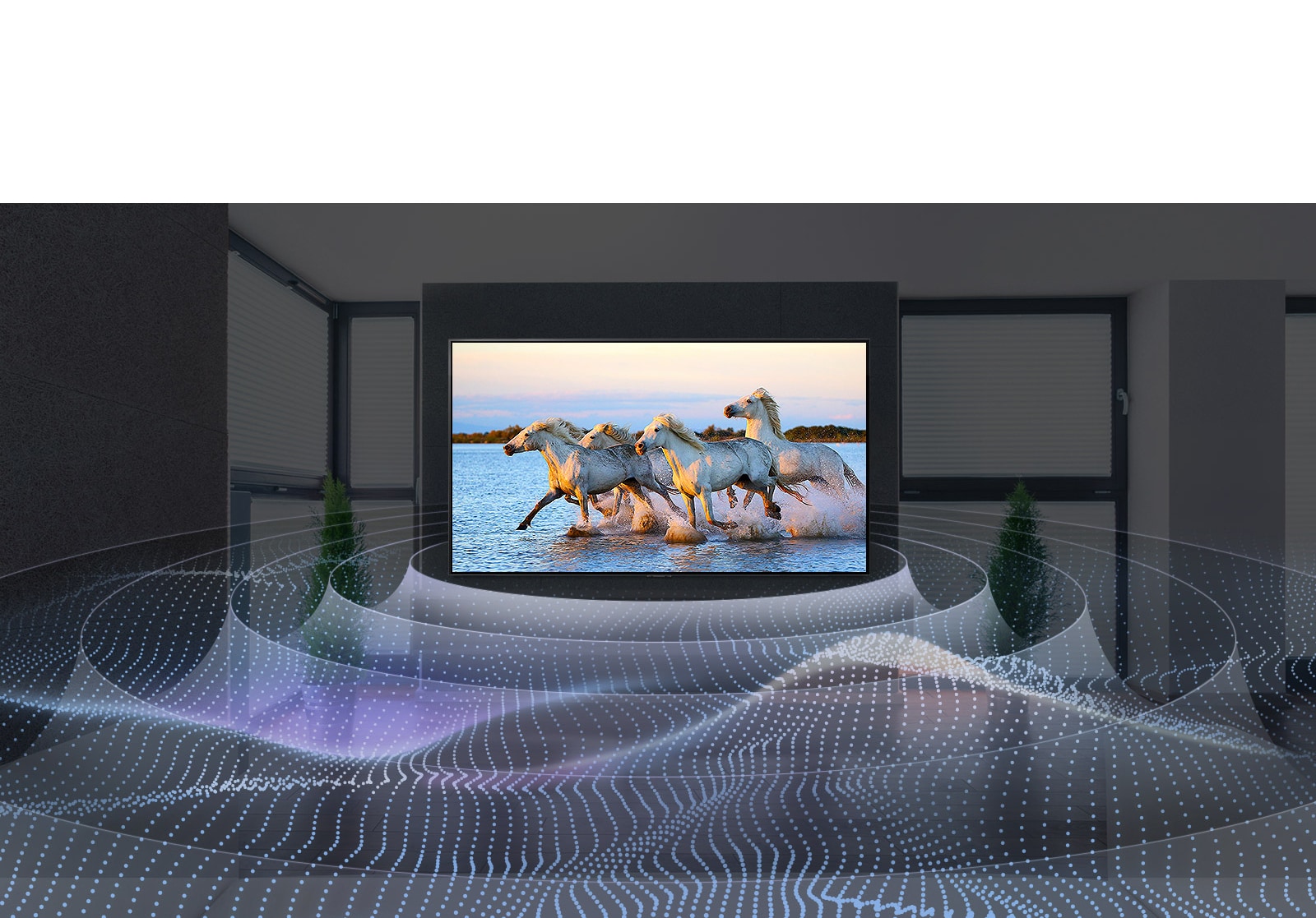 Four white horses running in the water on TV with surround sound graphic