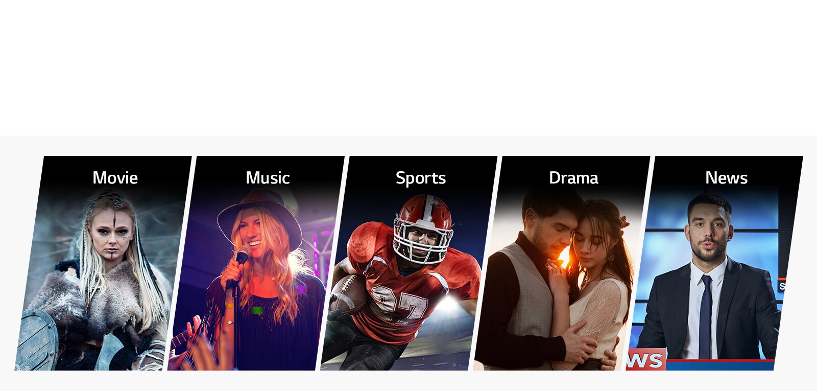Five vertical title cards for Movie, Music, Sports, Drama and News