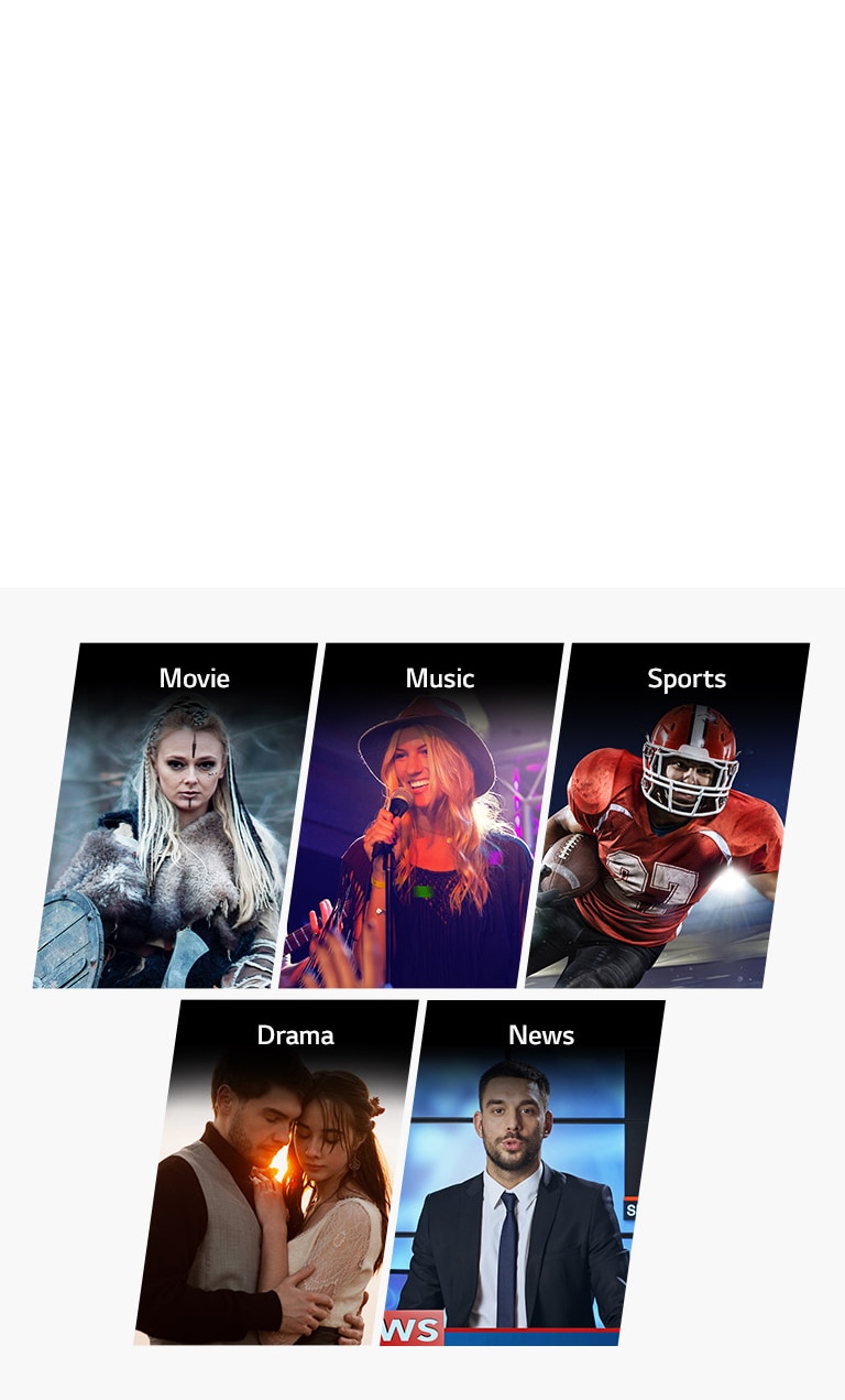 Five vertical title cards for Movie, Music, Sports, Drama and News