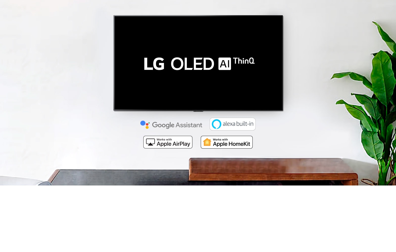 Wall-mounted TV showing LG OLED AI ThinQ logo on black background