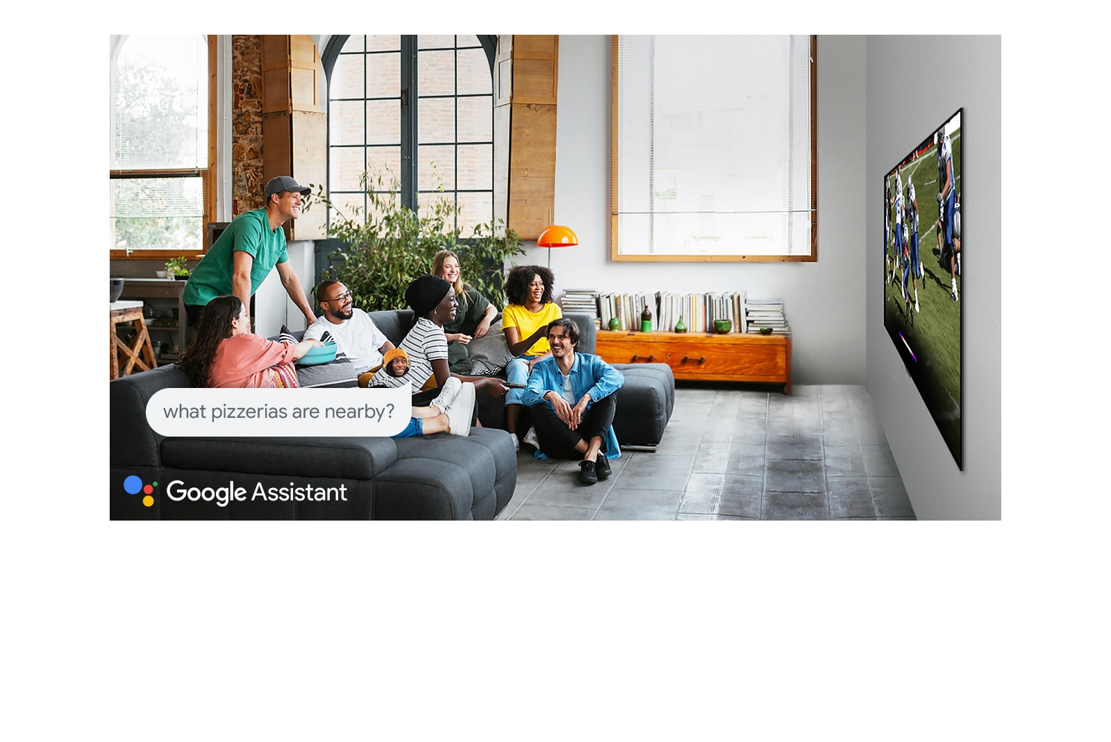 Woman watching football on TV with friends and asking the Google Assistant what pizzerias are nearby